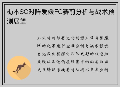 枥木SC对阵爱媛FC赛前分析与战术预测展望